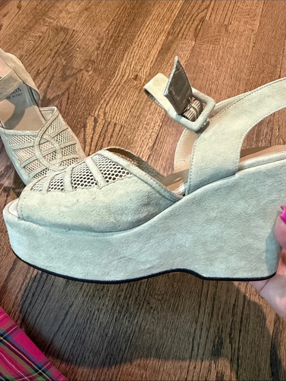 VARDA Size 6 1/2 Suede Laser-Cut Platform Sandals in Light Beige